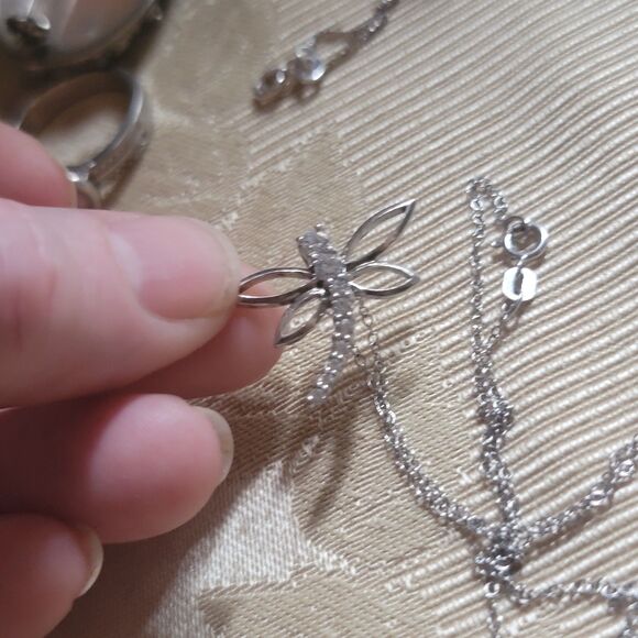 925 Sterling Silver Necklace 18" w fine Silver Dragonfly Pendant Cubic Zirconia - Picture 5 of 16